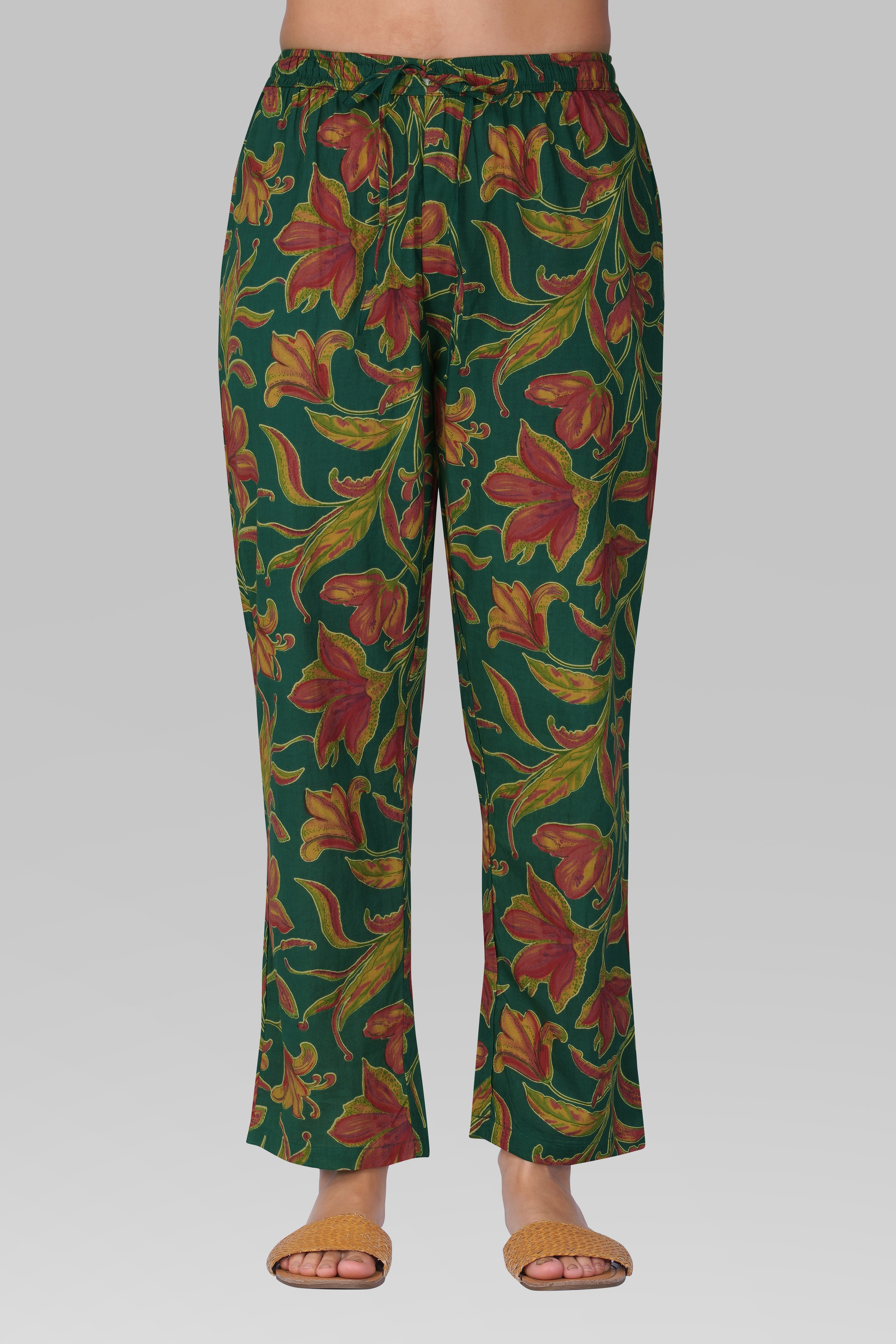 Dark Green Cotton Printed Pyjama Set