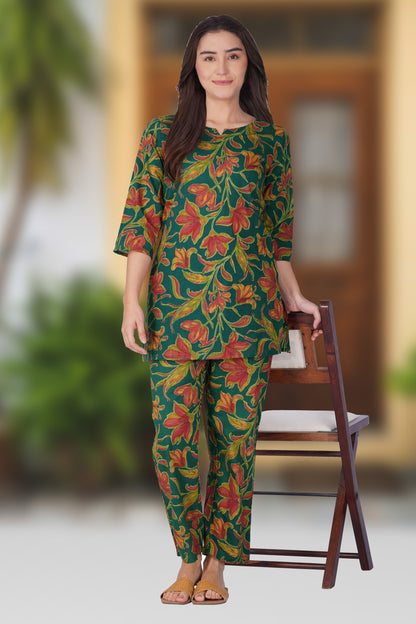 Dark Green Cotton Printed Pyjama Set