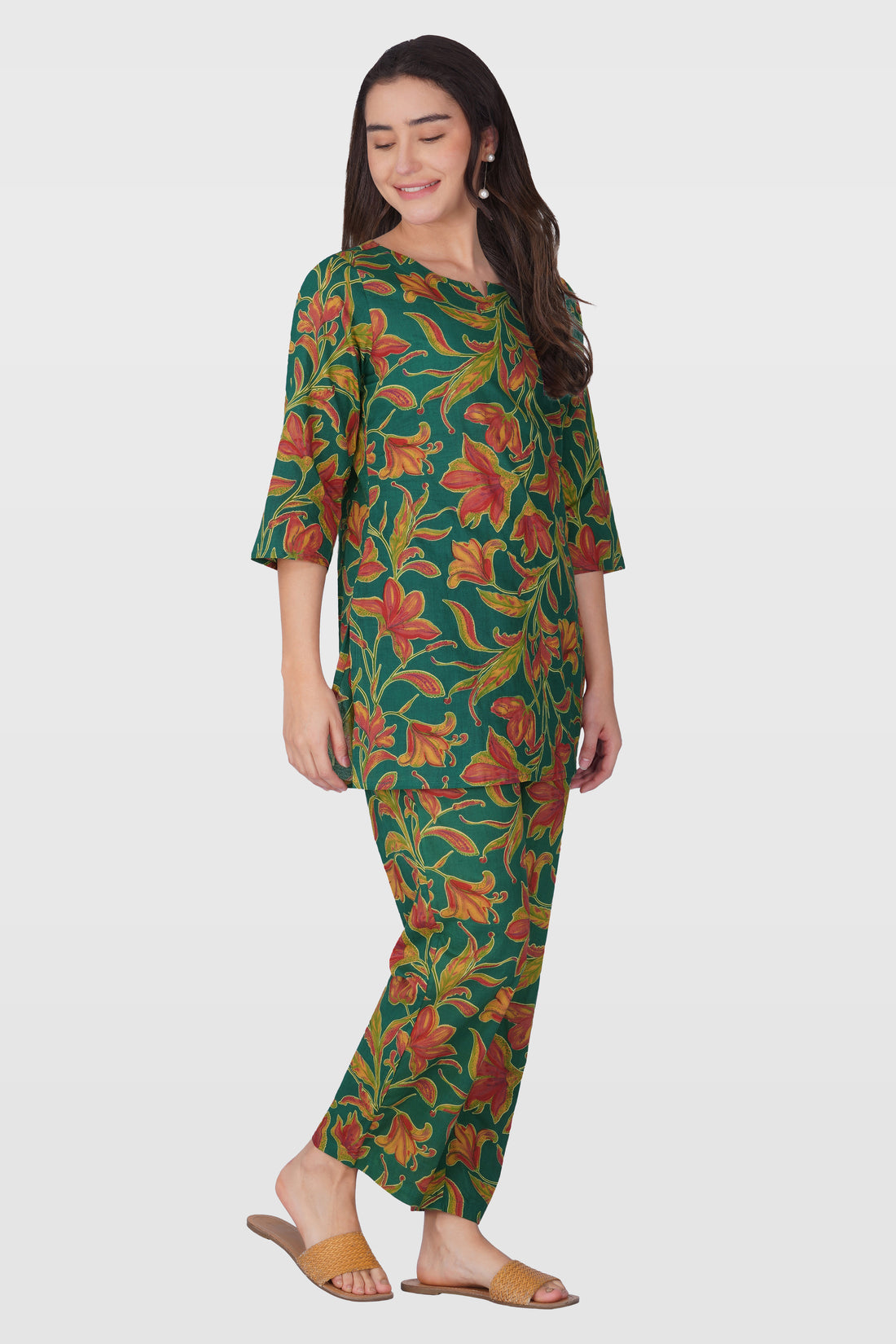 Dark Green Cotton Printed Pyjama Set