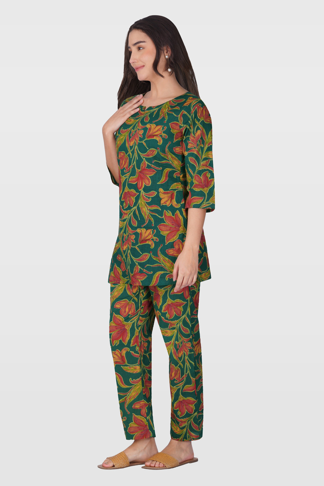 Dark Green Cotton Printed Pyjama Set