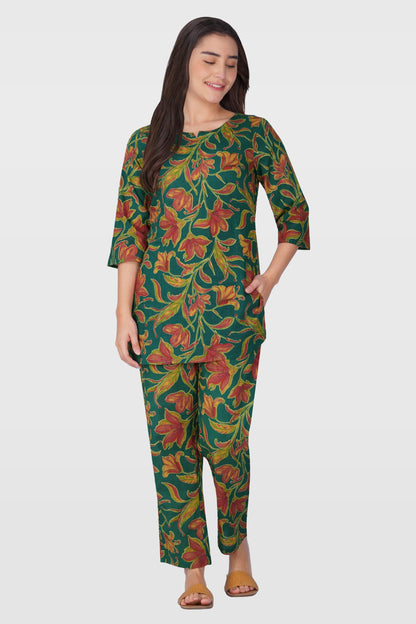 Dark Green Cotton Printed Pyjama Set
