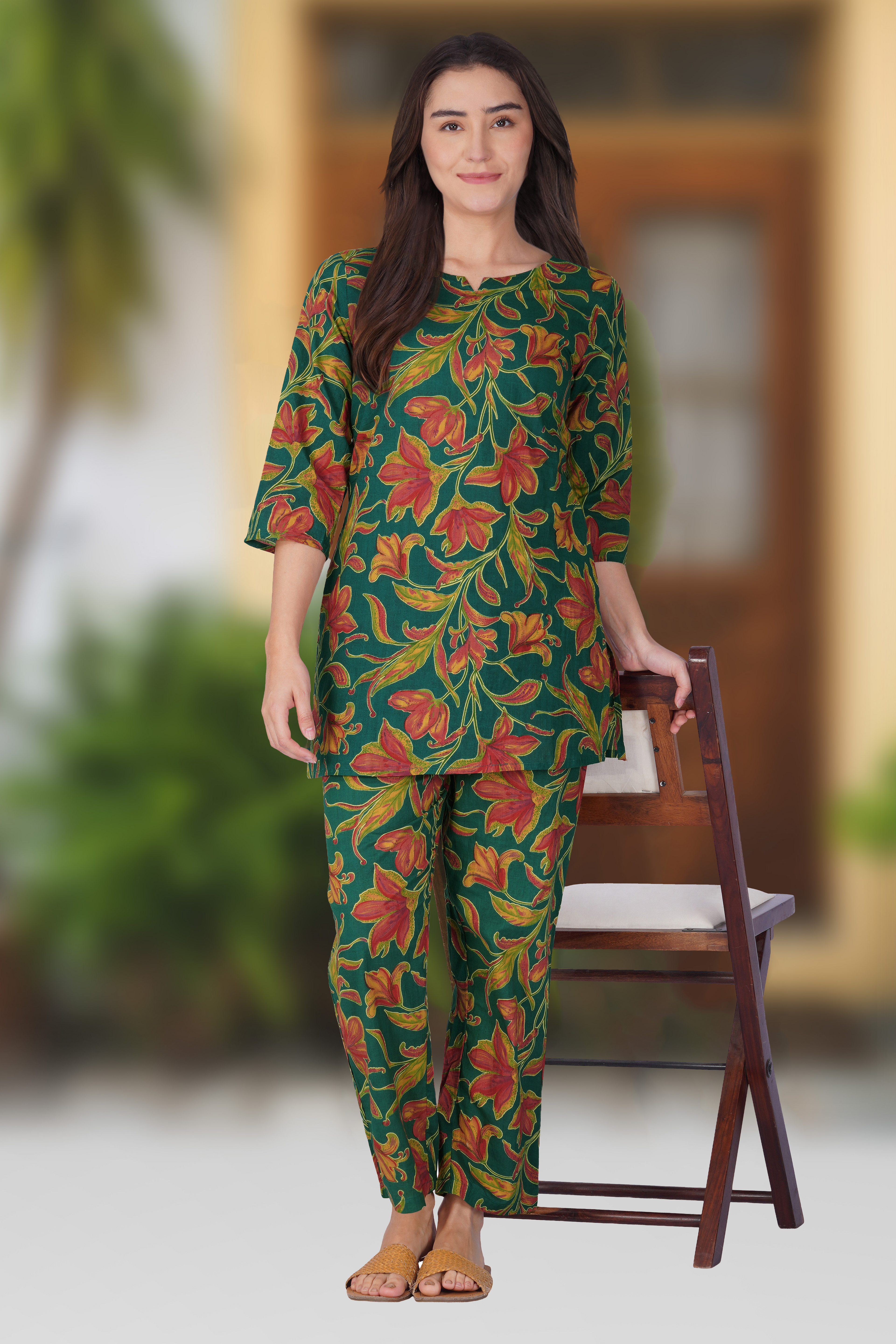 Dark Green Cotton Printed Pyjama Set
