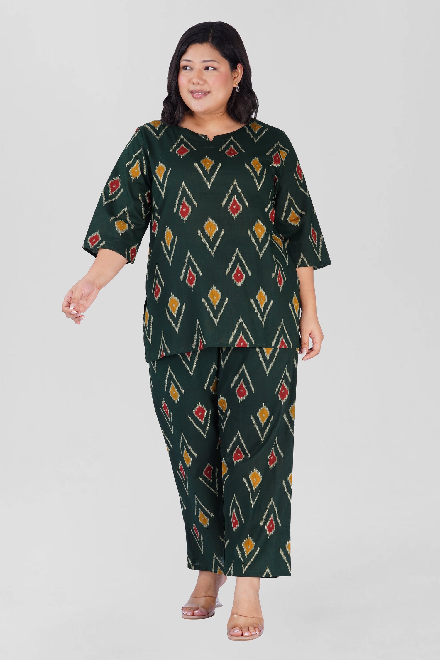 Dark Green Plus Size Cotton Printed Pyjama Set