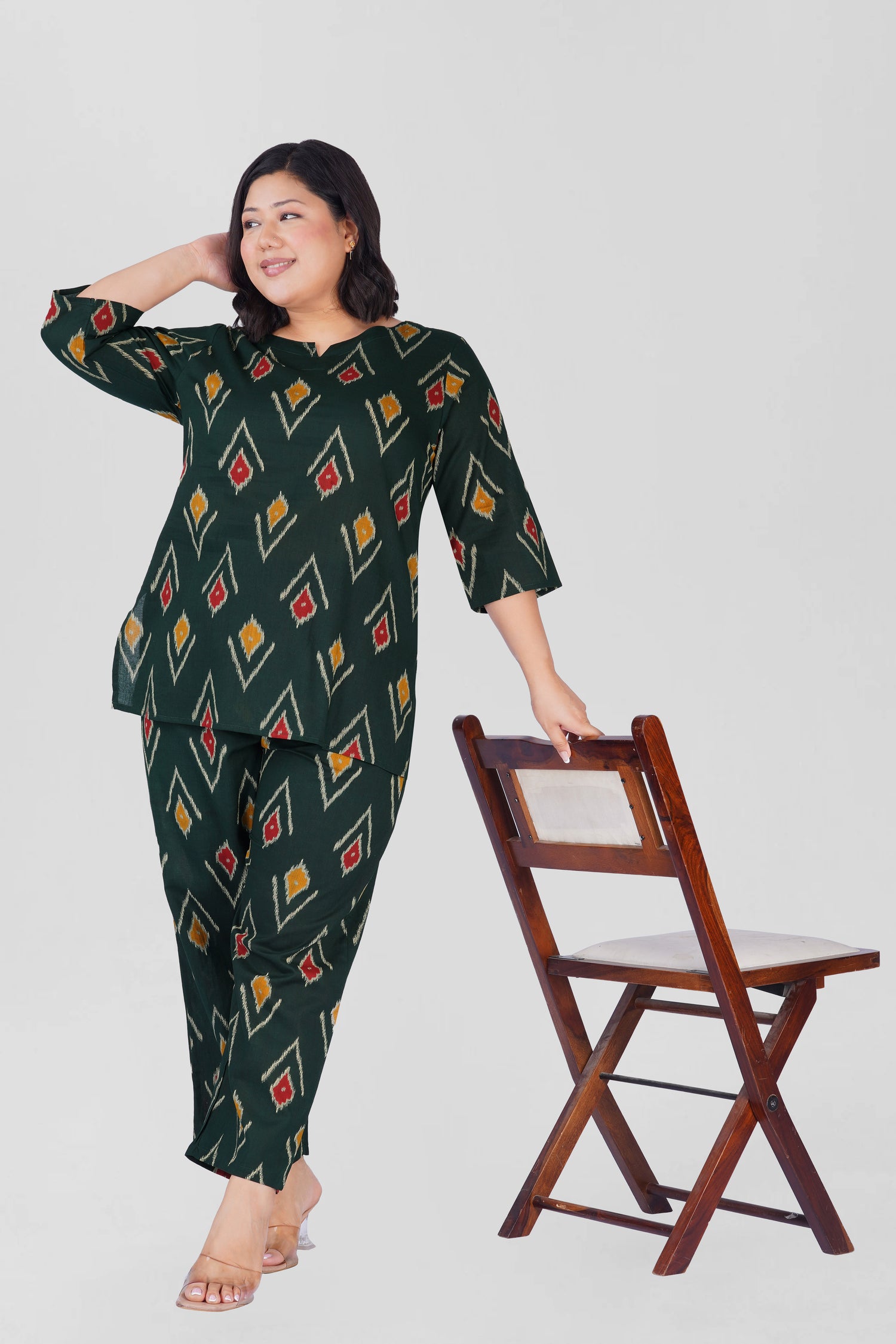 Dark Green Plus Size Cotton Printed Pyjama Set