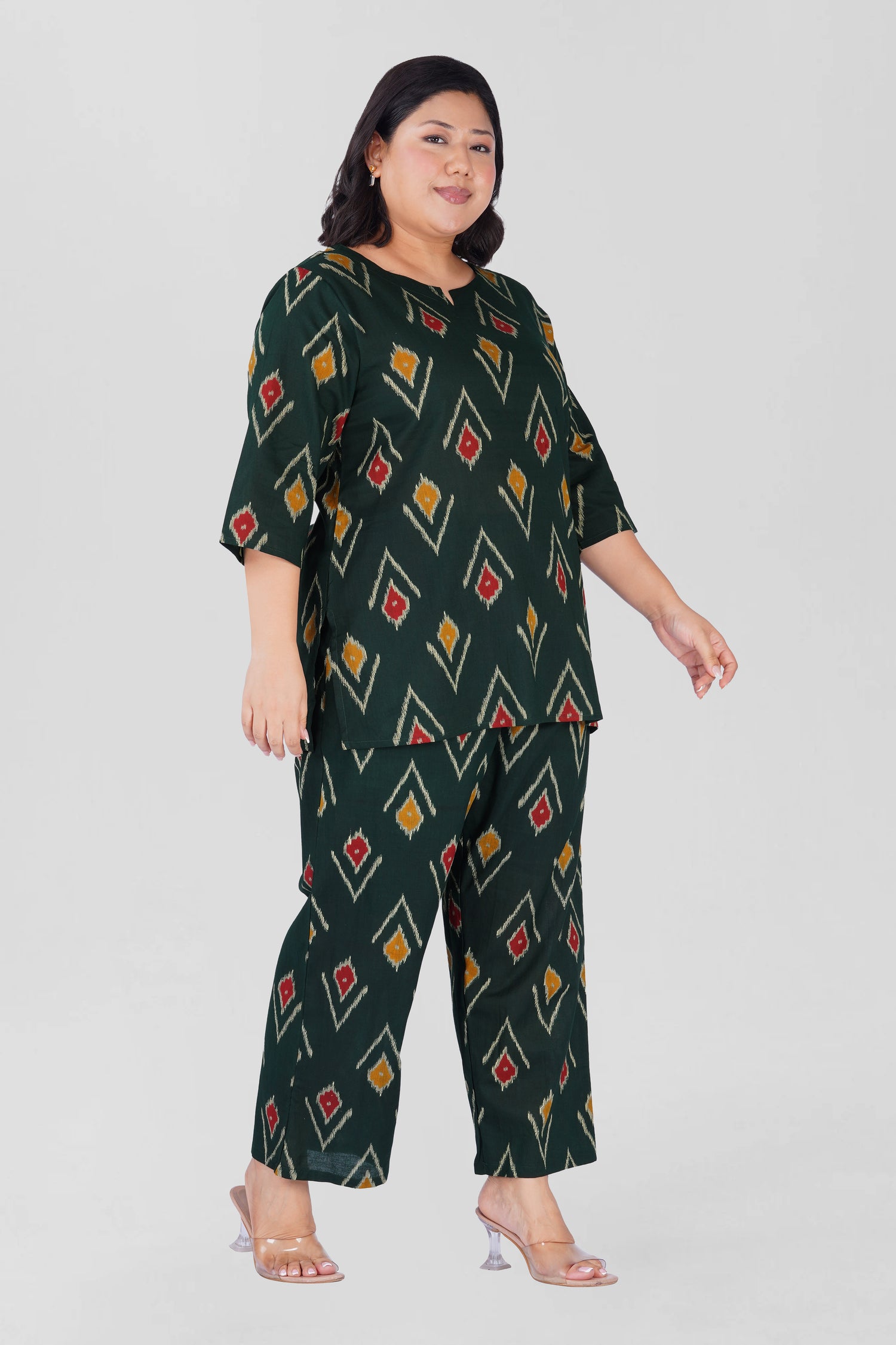 Dark Green Plus Size Cotton Printed Pyjama Set