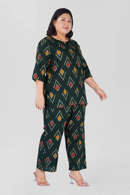 Dark Green Plus Size Cotton Printed Pyjama Set