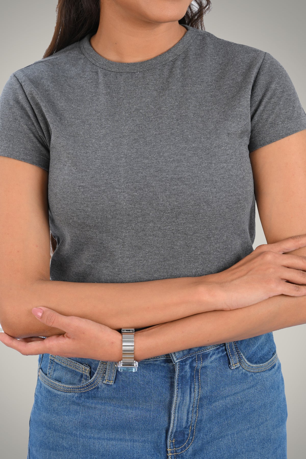 Dark Grey Cotton Crop Crew Neck T-Shirt