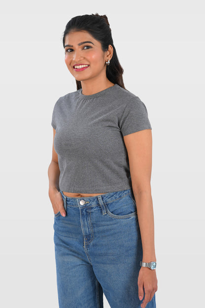 Dark Grey Cotton Crop Crew Neck T-Shirt