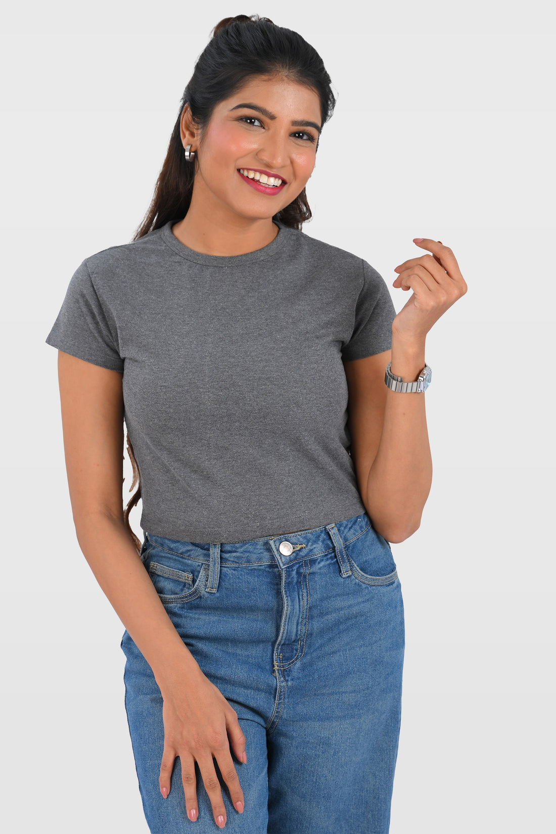 Dark Grey Cotton Crop Crew Neck T-Shirt