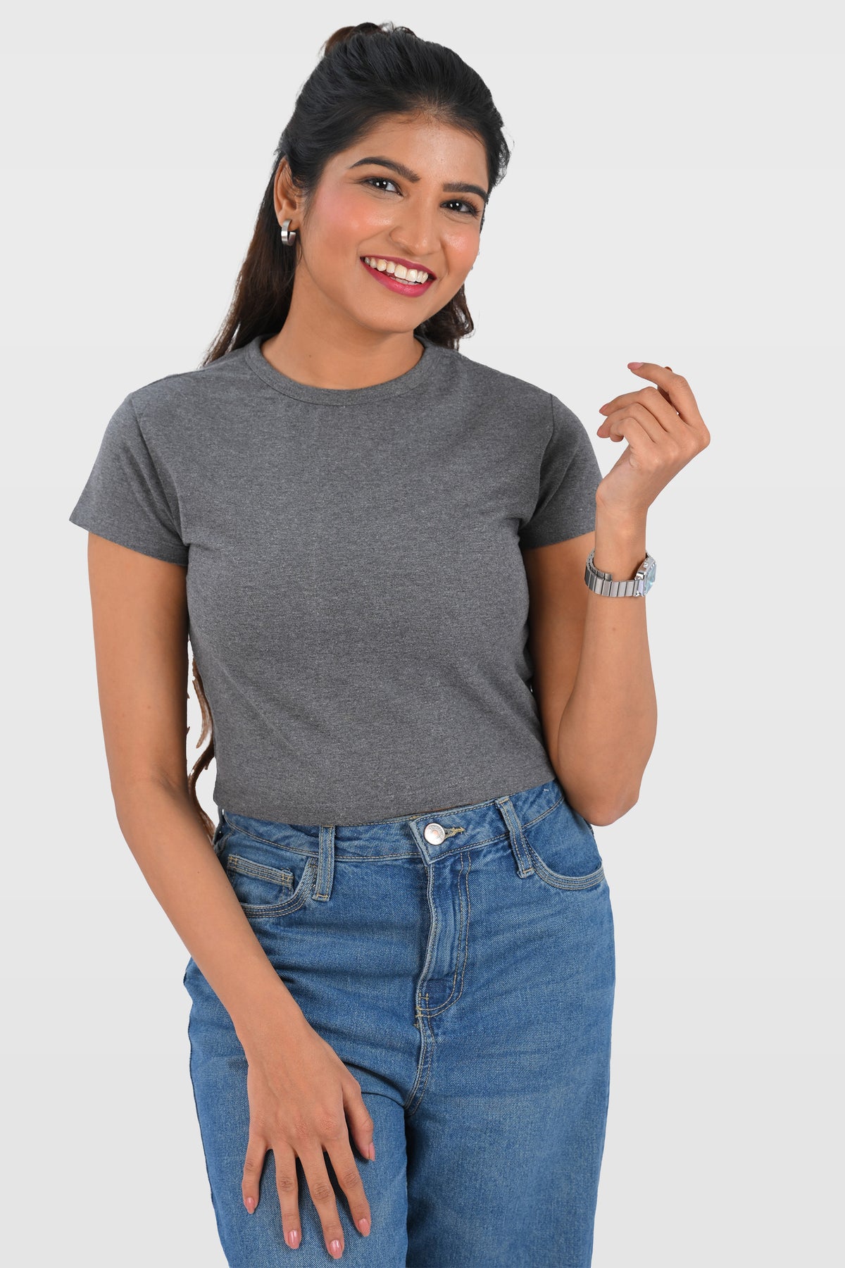 Dark Grey Cotton Crop Crew Neck T-Shirt