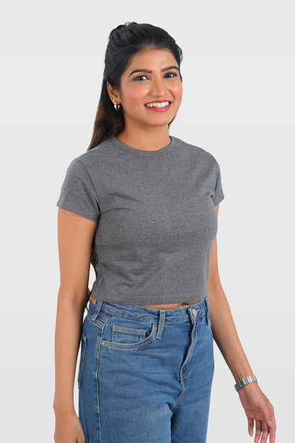Dark Grey Cotton Crop Crew Neck T-Shirt