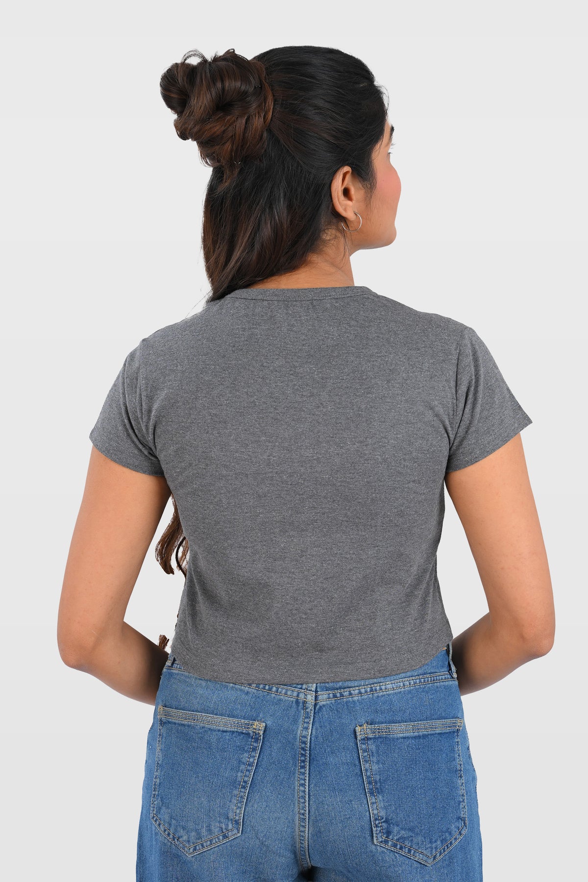 Dark Grey Cotton Crop Crew Neck T-Shirt