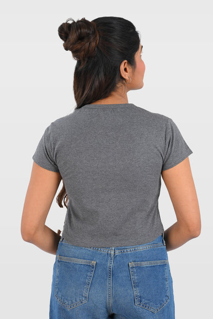 Dark Grey Cotton Crop Crew Neck T-Shirt