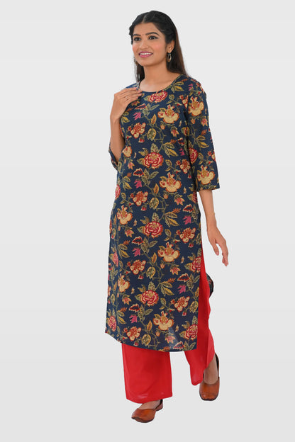Dark Imperial Blue Cotton Printed Kurta Set
