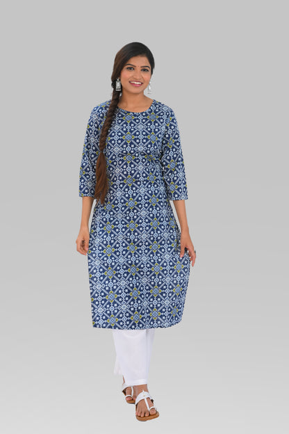 Dark Midnight Blue Cotton Printed Kurta Set