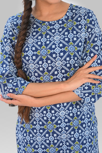 Dark Midnight Blue Cotton Printed Kurta Set