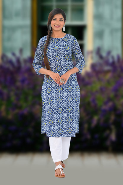 Dark Midnight Blue Cotton Printed Kurta Set