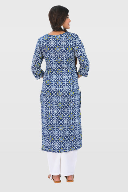 Dark Midnight Blue Cotton Printed Kurta Set