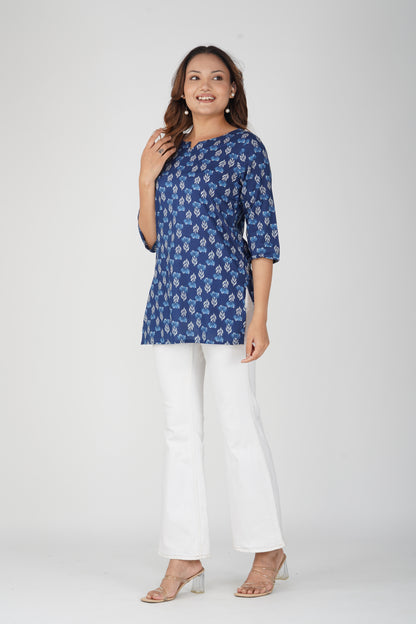 Dark Midnight Blue Cotton Printed Kurti