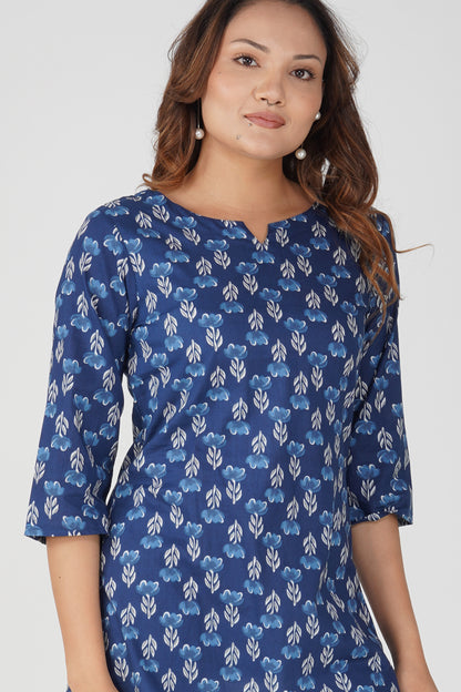 Dark Midnight Blue Cotton Printed Kurti