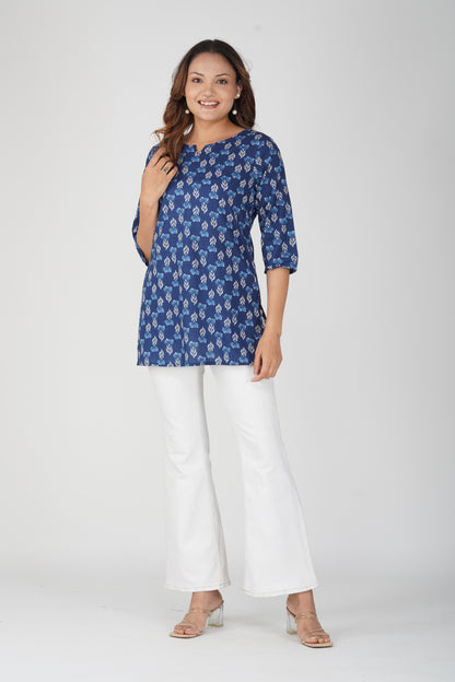 Dark Midnight Blue Cotton Printed Kurti