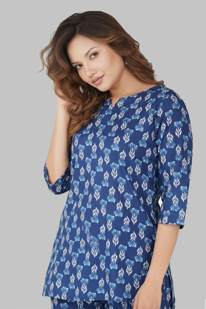 Dark Midnight Blue Cotton Printed Pyjama Set