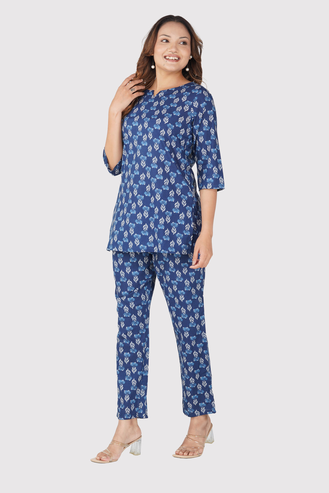 Dark Midnight Blue Cotton Printed Pyjama Set