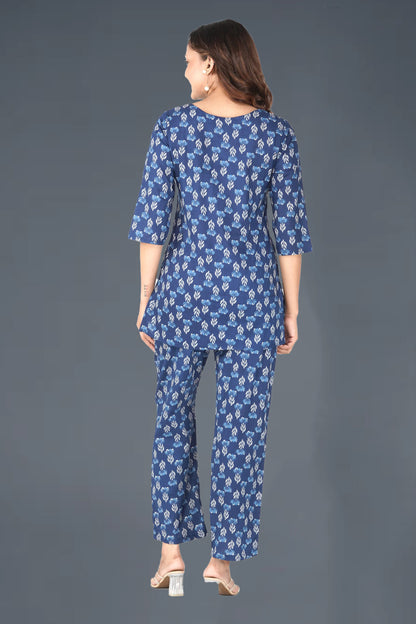 Dark Midnight Blue Cotton Printed Pyjama Set