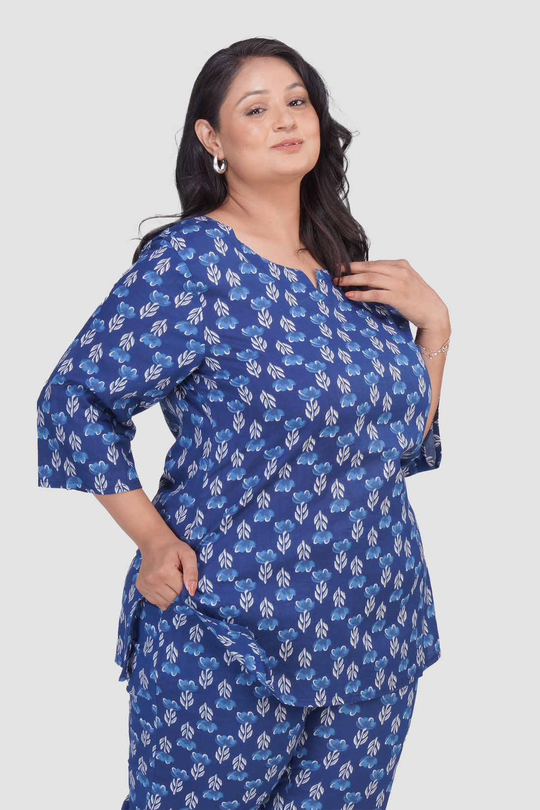Dark Midnight Blue Plus Size Cotton Printed Pyjama Set