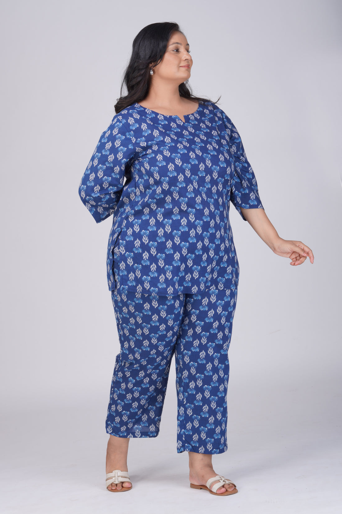 Dark Midnight Blue Plus Size Cotton Printed Pyjama Set