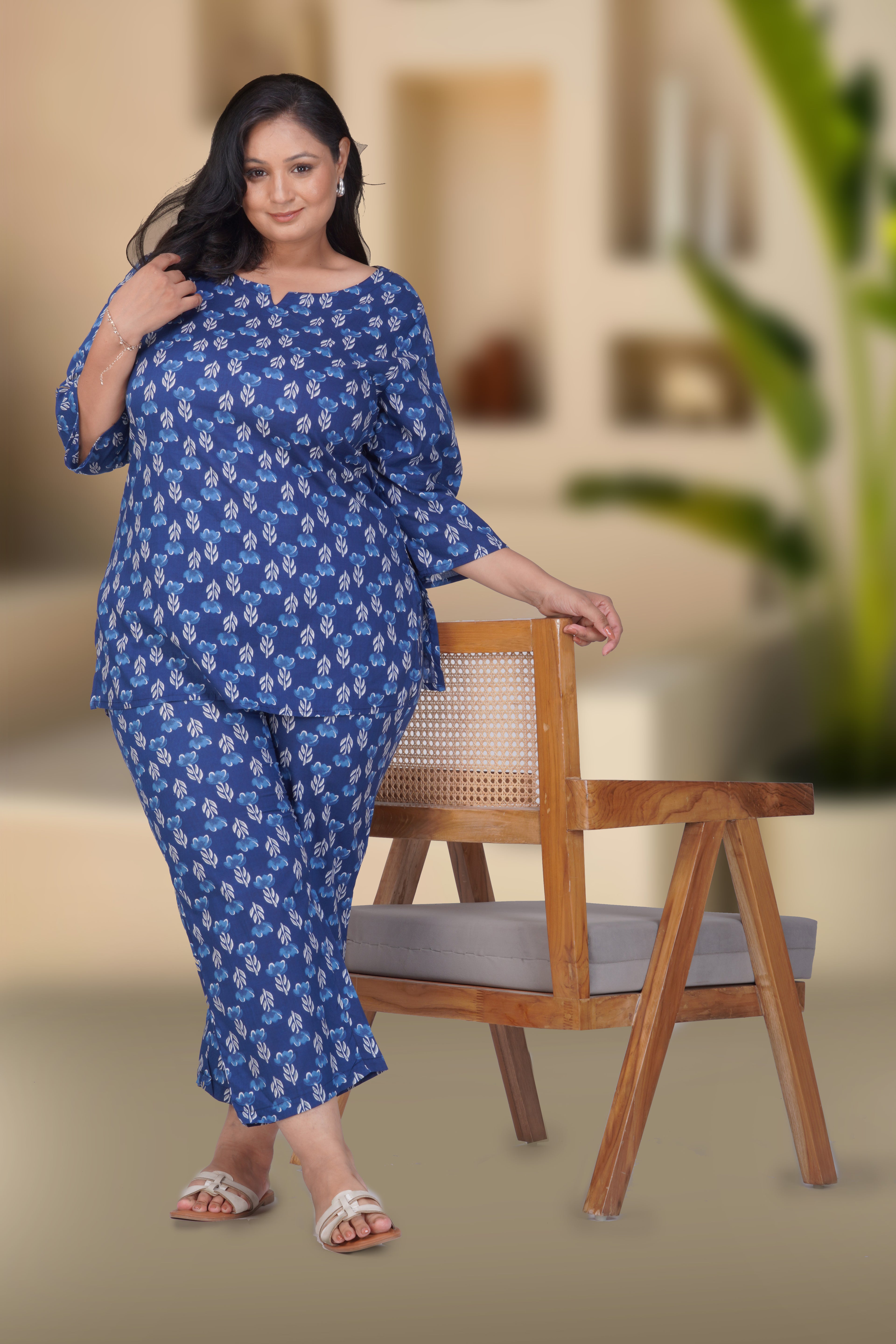 Dark Midnight Blue Plus Size Cotton Printed Pyjama Set