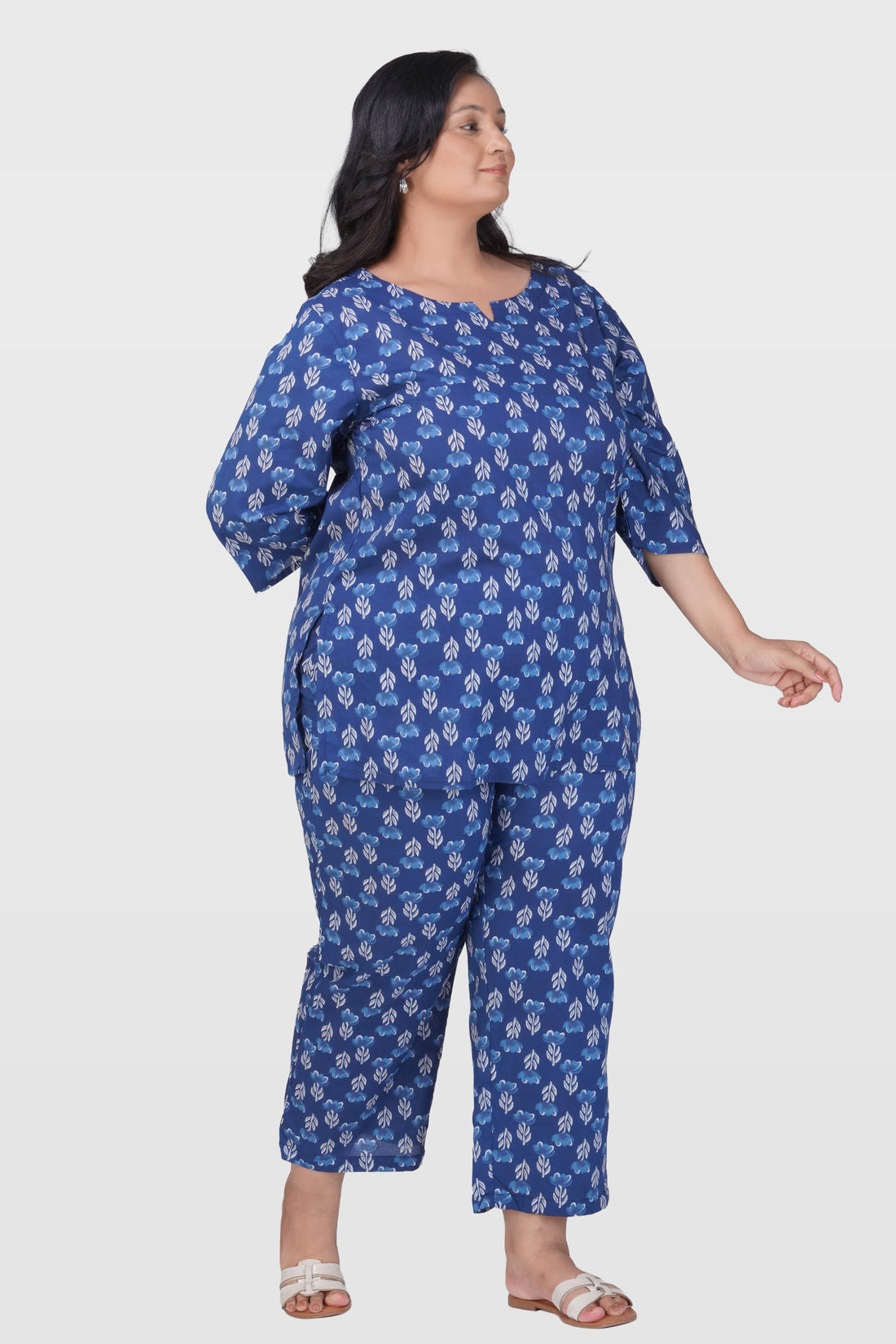 Dark Midnight Blue Plus Size Cotton Printed Pyjama Set