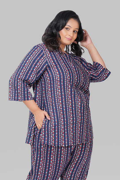 Dark Navy Plus Size Cotton Printed Pyjama Set