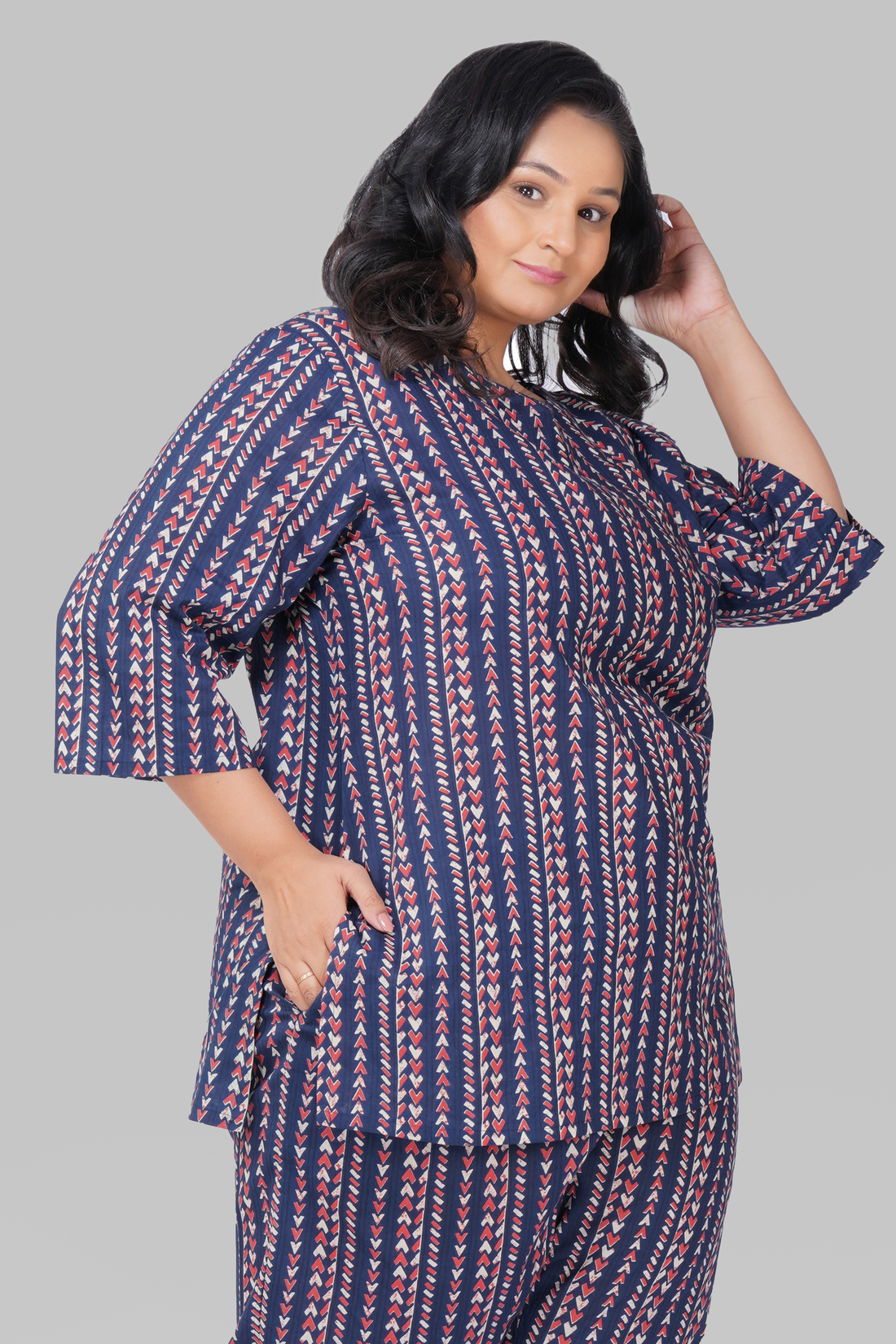 Dark Navy Plus Size Cotton Printed Pyjama Set