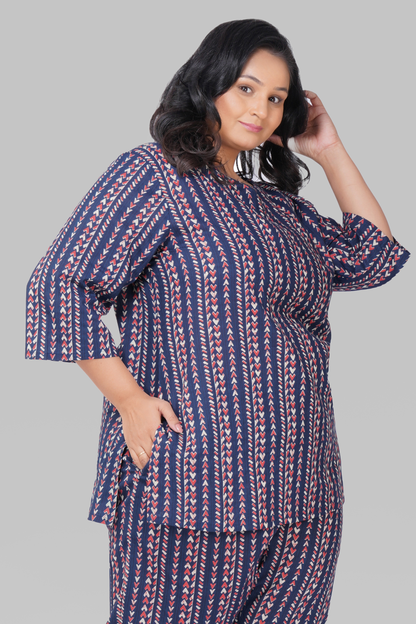 Dark Navy Plus Size Cotton Printed Pyjama Set