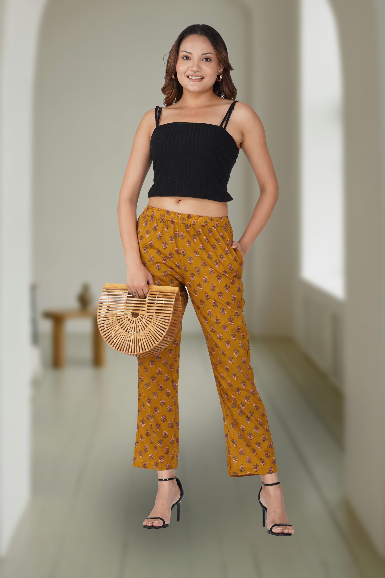 Dark Mustard Cotton Printed Bottom