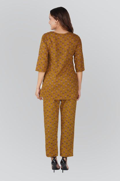 Dark Mustard Cotton Printed Pyjama Set