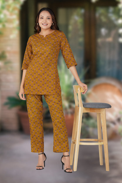 Dark Mustard Cotton Printed Pyjama Set