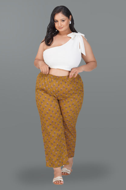 Dark Mustard Plus Size Cotton Printed Bottom