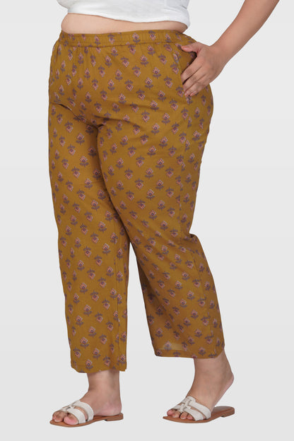 Dark Mustard Plus Size Cotton Printed Bottom