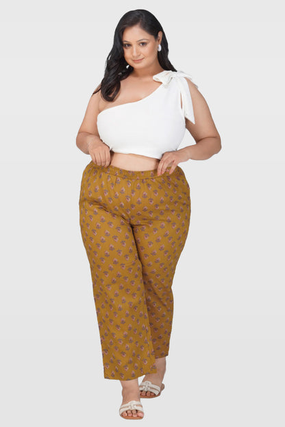 Dark Mustard Plus Size Cotton Printed Bottom