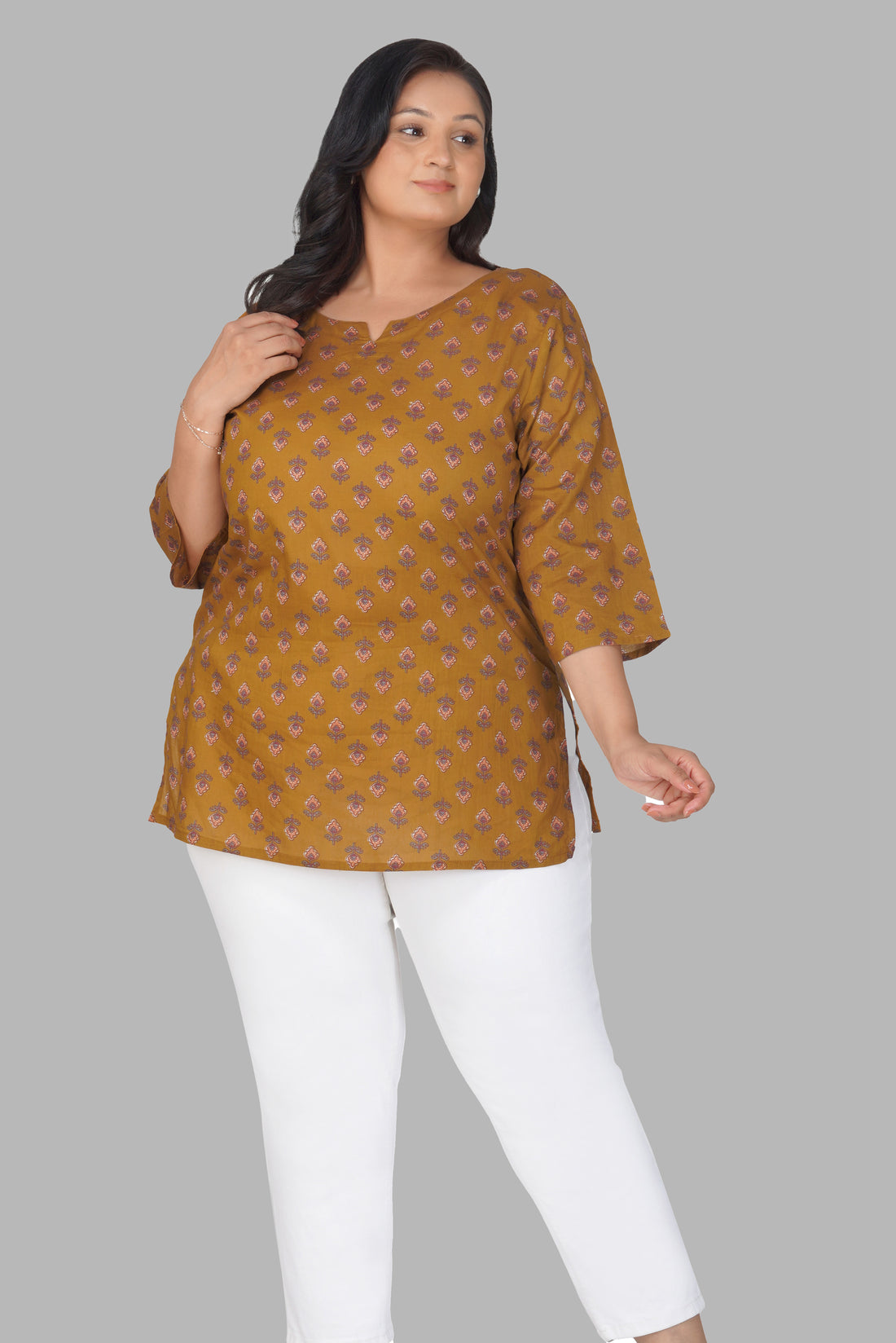 Dark Mustard Plus Size Cotton Printed Kurti