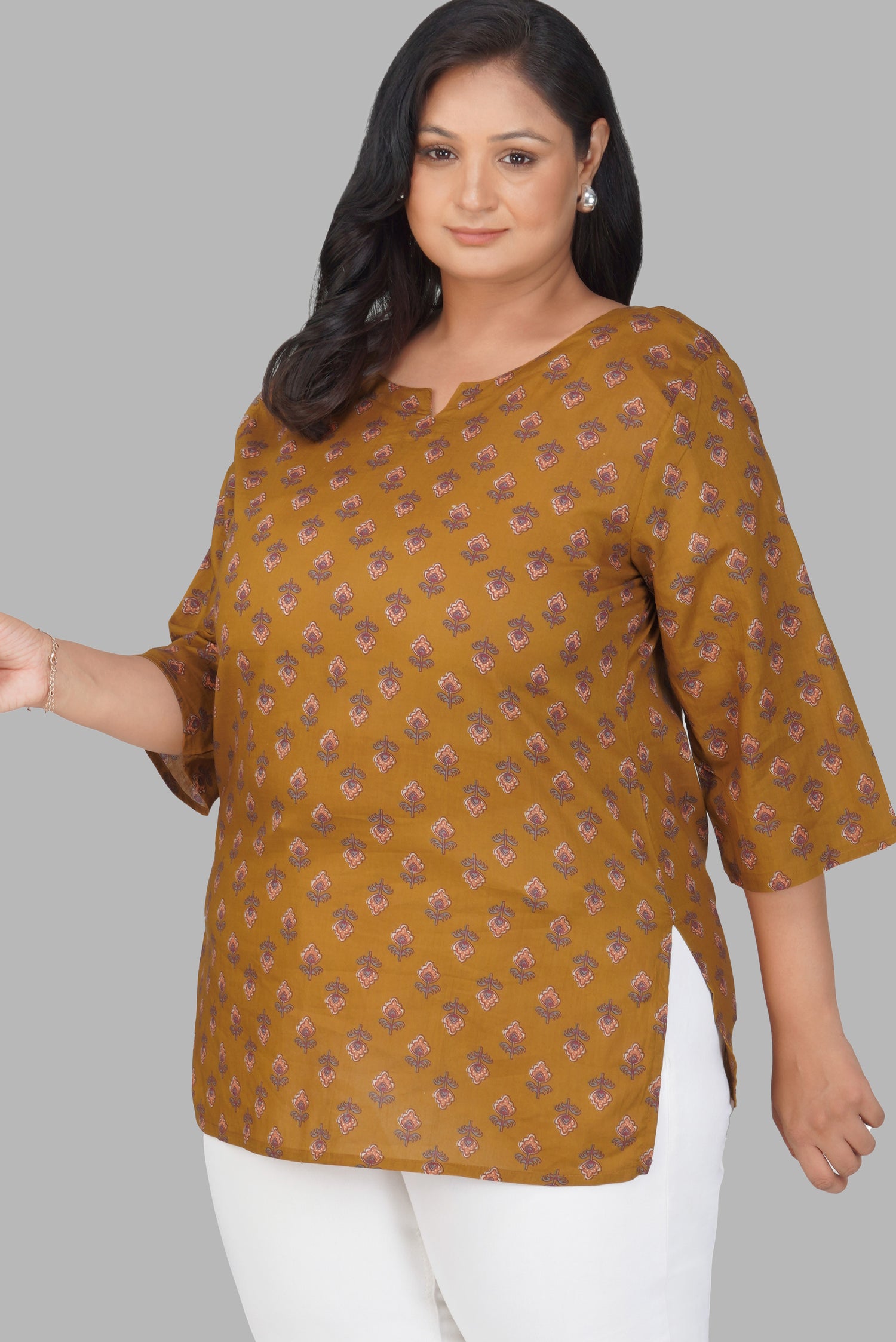 Dark Mustard Plus Size Cotton Printed Kurti