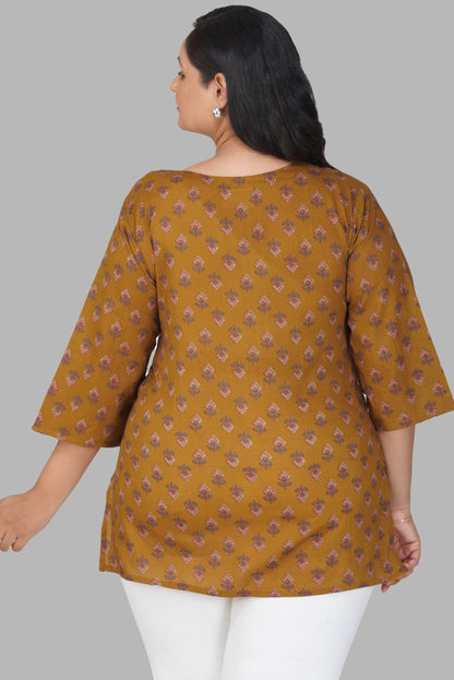 Dark Mustard Plus Size Cotton Printed Kurti