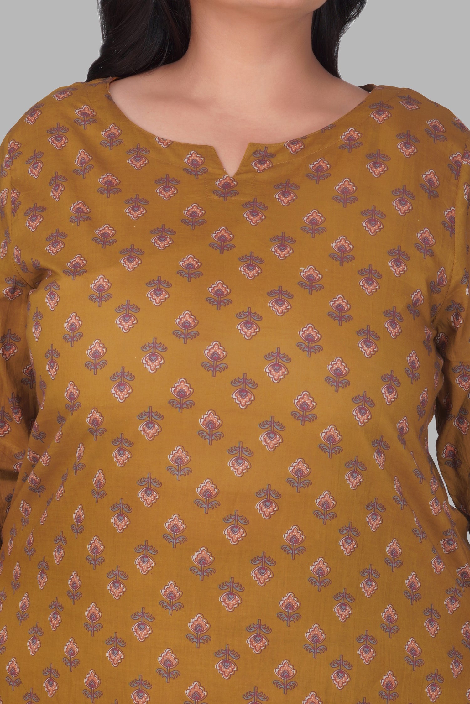 Dark Mustard Plus Size Cotton Printed Kurti