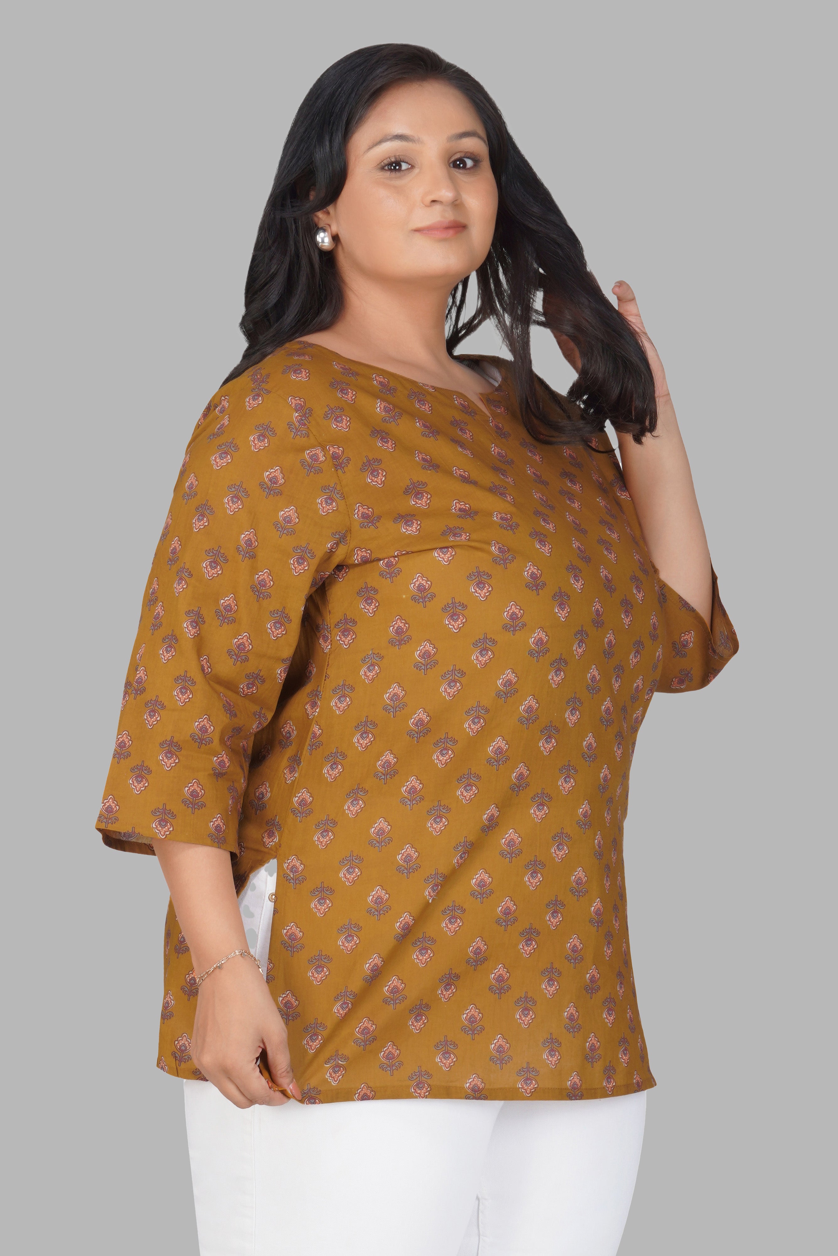 Dark Mustard Plus Size Cotton Printed Kurti