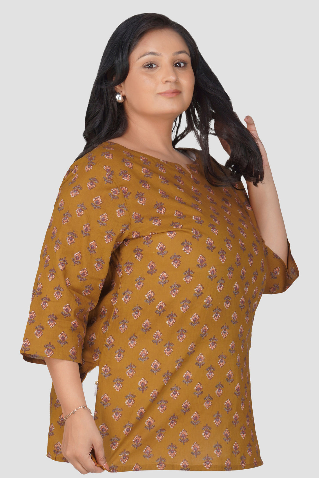 Dark Mustard Plus Size Cotton Printed Kurti