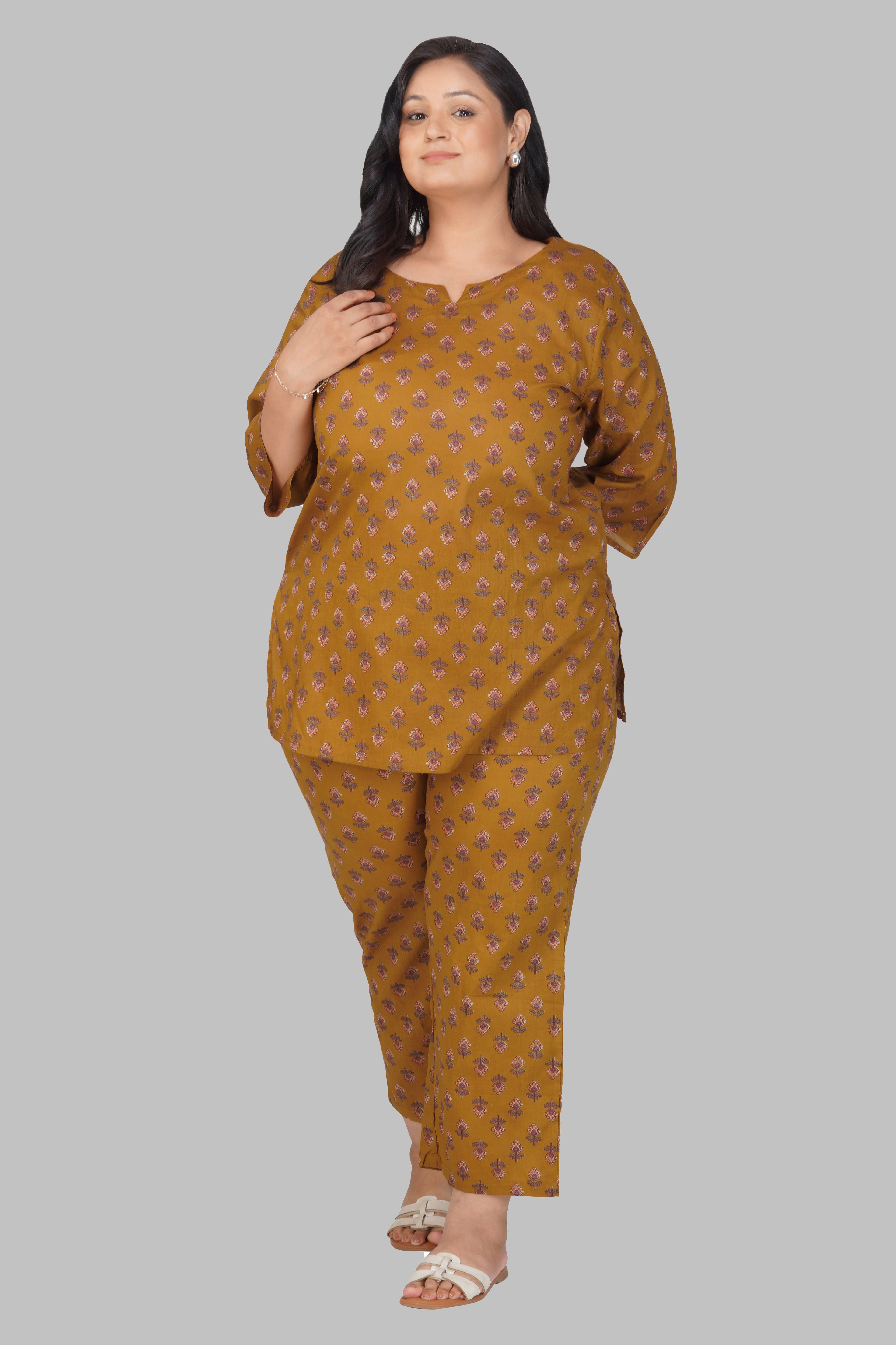 Dark Mustard Plus Size Cotton Printed Pyjama Set