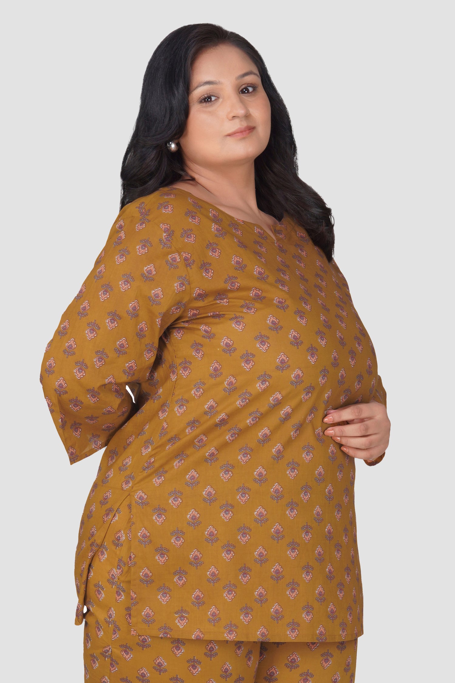 Dark Mustard Plus Size Cotton Printed Pyjama Set