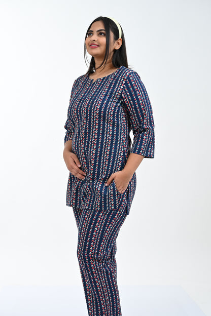 Dark Navy Cotton Printed Pyjama Set